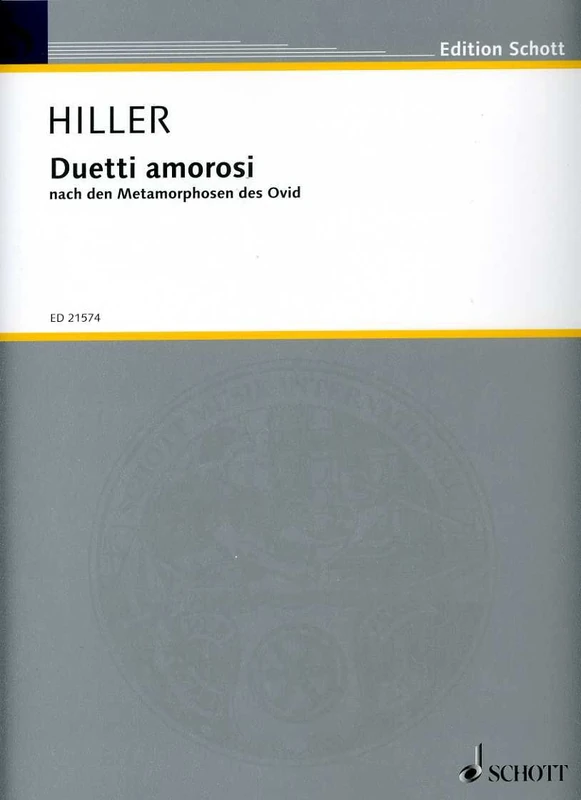Duetti amorosi: based on Ovid's Metamorphoses. 2 violins, viola, cello, double bass, clarinet, bassoon and horn (also alpenhorn). Partition et parties.