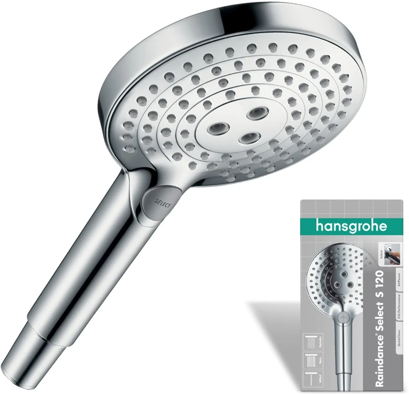 hansgrohe Raindance Select S - shower head, hand shower round (⌀ 120 mm) with 3 sprays, with anti-limescale function, chrome, 26530000