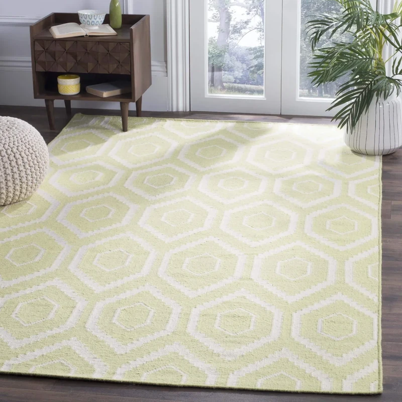 Safavieh Contemporary Indoor Flatweave Square Area Rug, Dhurrie Collection, DHU556, in Green / Ivory, 183 X 183 cm for Living Room, Bedroom or Any Indoor Space