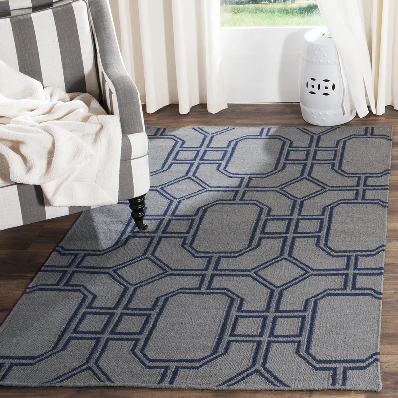 Safavieh Contemporary Indoor Flatweave Rectangle Area Rug, Dhurrie Collection, DHU860, in Grey / Dark Blue, 122 X 183 cm for Living Room, Bedroom or Any Indoor Space