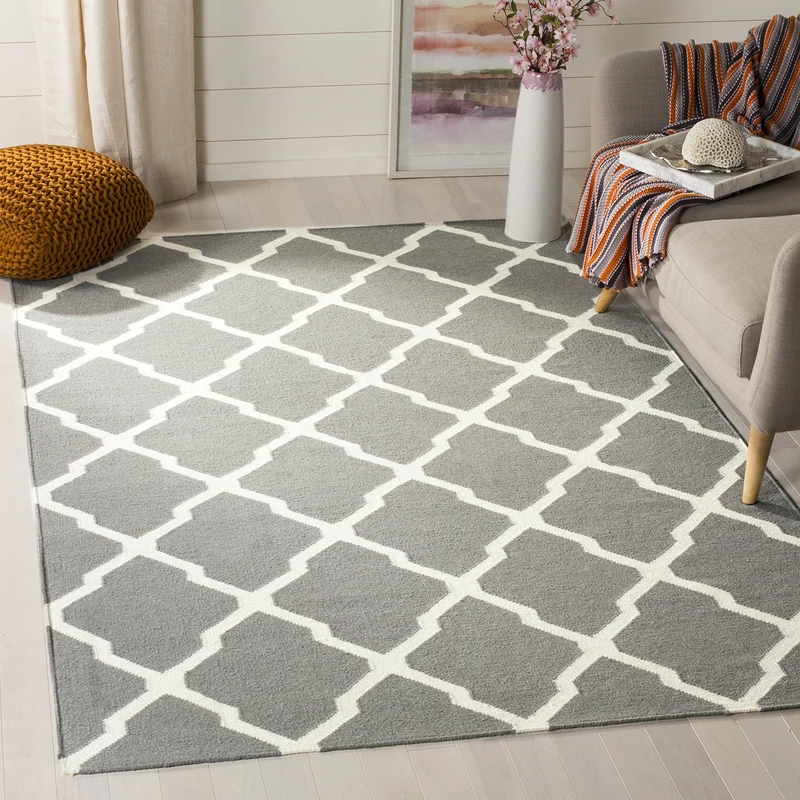 SAFAVIEH Contemporary Rug for Living Room, Dining Room, Bedroom - Dhurrie Collection, Short Pile, in Grey and Ivory, 183 X 274 cm