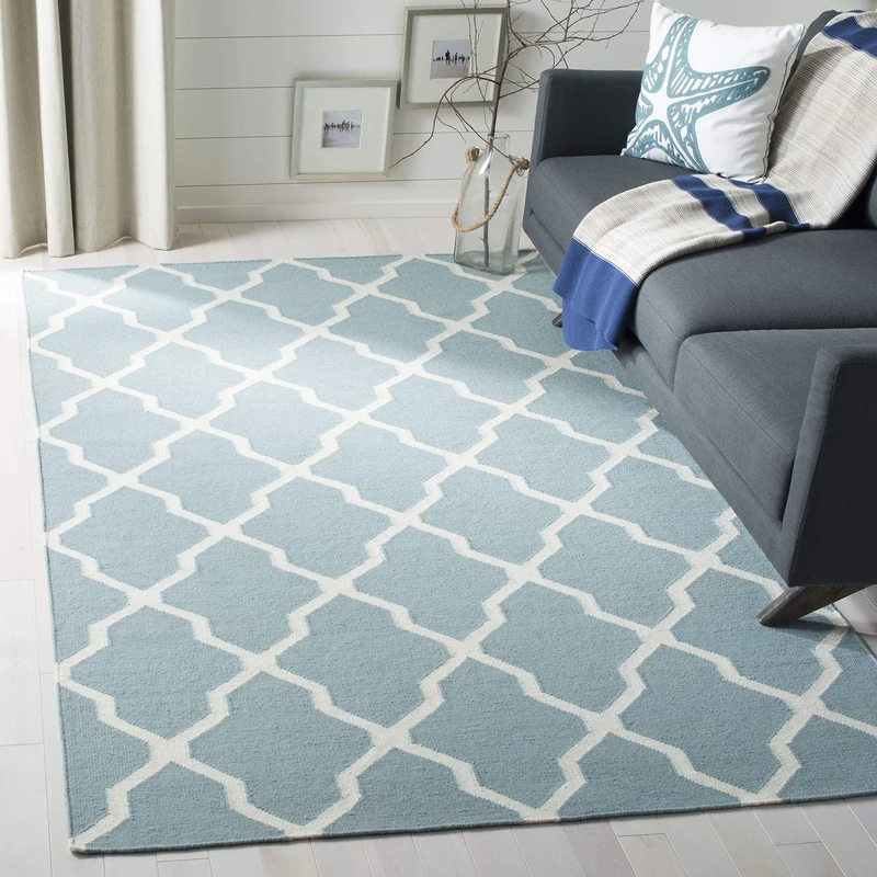 Safavieh Contemporary Indoor Flatweave Rectangle Area Rug, Dhurrie Collection, DHU634, in Light Blue / Ivory, 183 X 274 cm for Living Room, Bedroom or Any Indoor Space