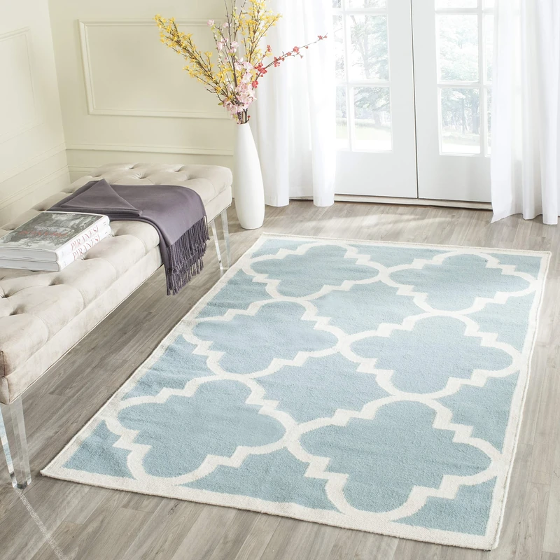 Safavieh Contemporary Indoor Flatweave Rectangle Area Rug, Dhurrie Collection, DHU633, in Light Blue / Ivory, 183 X 274 cm for Living Room, Bedroom or Any Indoor Space