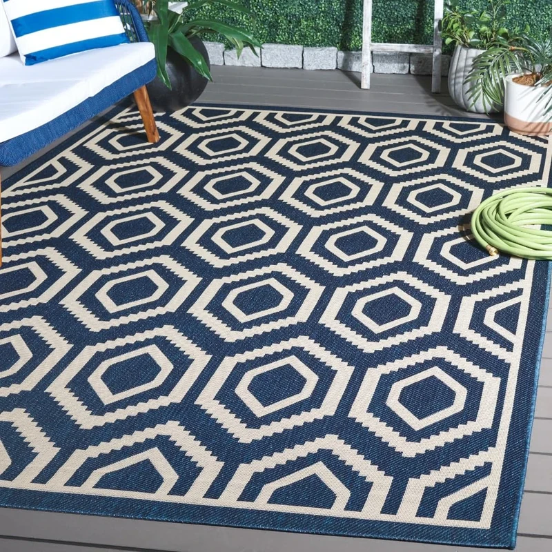 Safavieh Contemporary Indoor/Outdoor Woven Rectangle Area Rug, Courtyard Collection, CY6902, in Navy / Beige, 201 X 290 cm for Garden, Patio or Any Outdoor Space