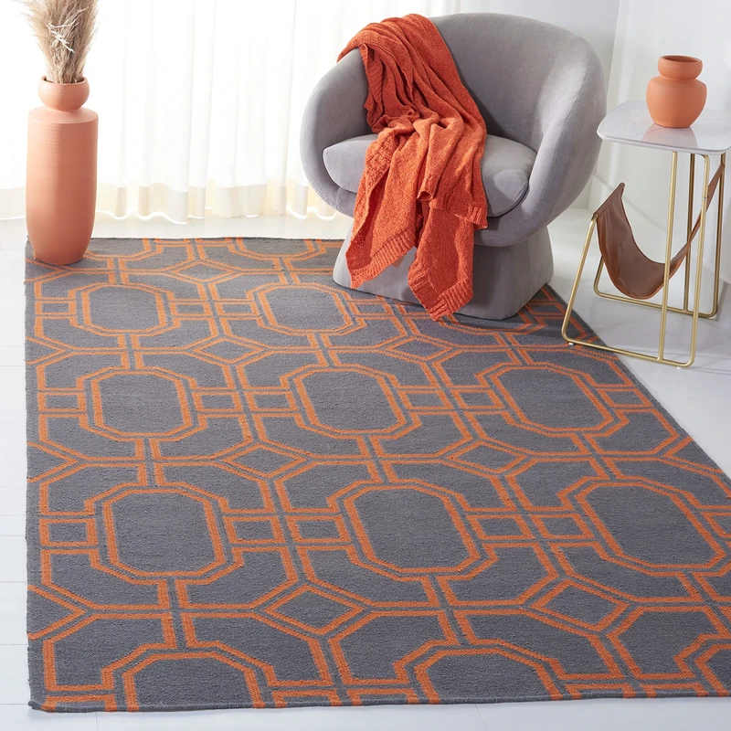 Safavieh Contemporary Indoor Flatweave Rectangle Area Rug, Dhurrie Collection, DHU860, in Blue / Orange, 152 X 244 cm for Living Room, Bedroom or Any Indoor Space