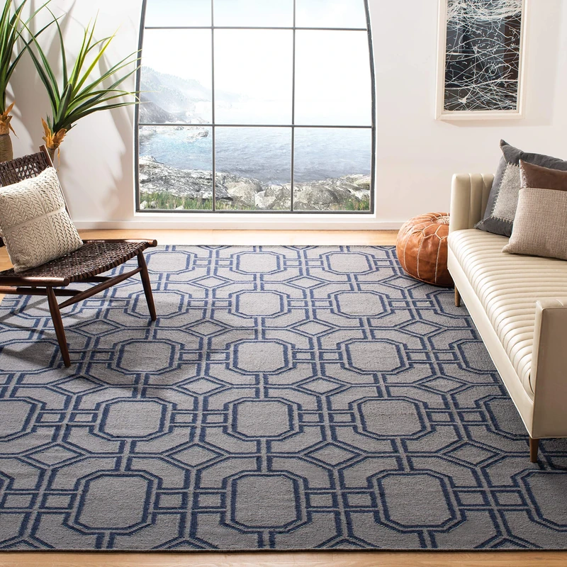 Safavieh Contemporary Indoor Flatweave Rectangle Area Rug, Dhurrie Collection, DHU860, in Grey / Dark Blue, 152 X 244 cm for Living Room, Bedroom or Any Indoor Space