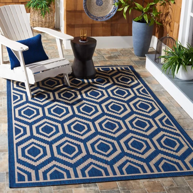 Safavieh Contemporary Indoor/Outdoor Woven Rectangle Area Rug, Courtyard Collection, CY6902, in Navy / Beige, 160 X 231 cm for Garden, Patio or Any Outdoor Space