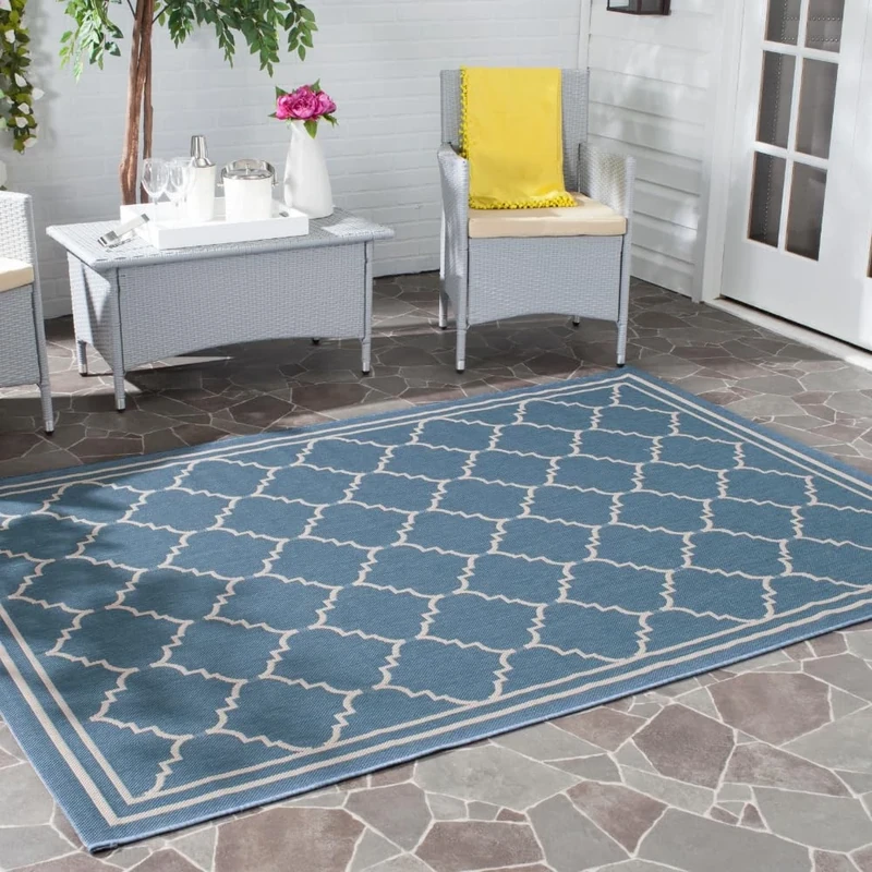 SAFAVIEH Trellis Rug for Indoor & Outdoor - Courtyard Collection, Short Pile, in Blue and Beige color, 160 X 231 cm