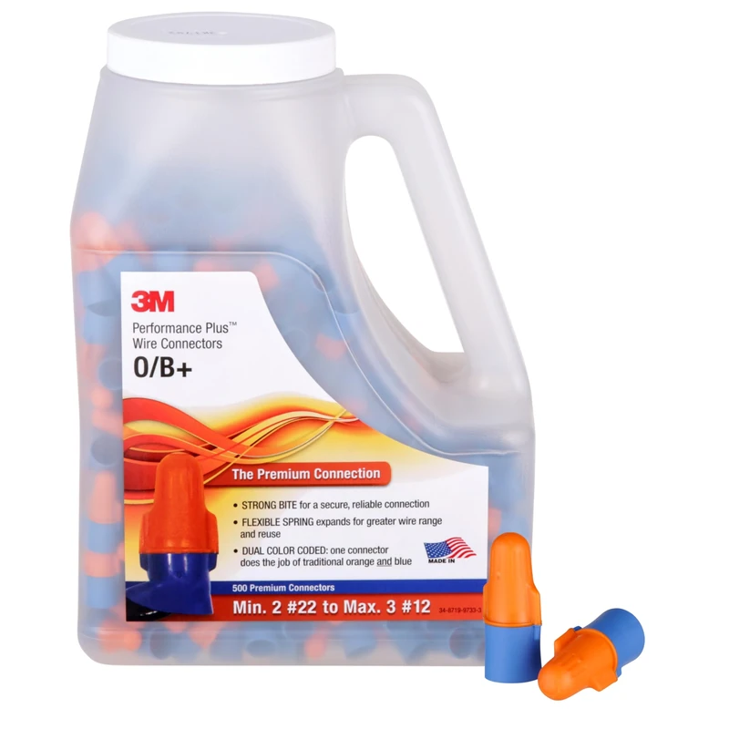 3M Performance Plus Wire Connector, Flexible Steel Spring Connectors, 22-12 AWG, Orange and Blue Color (O/B+), Jug of 500