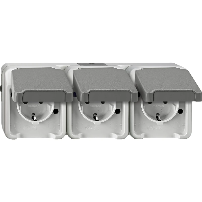 Schneider Electric Merten Schuko socket with hinged lid, 3-way, horizontal, IP44, Aquastar, item number MEG2391-8029