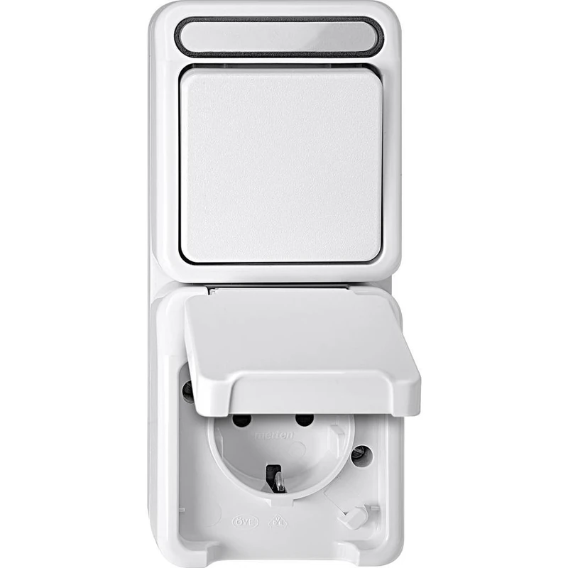 Schneider Electric Merten MEG3494-8019 Combination Surface-Mounted Schuko Socket with Touch Protection/Toggle Switch, Protective Contact Socket, IP44, Polar White, Aquastar