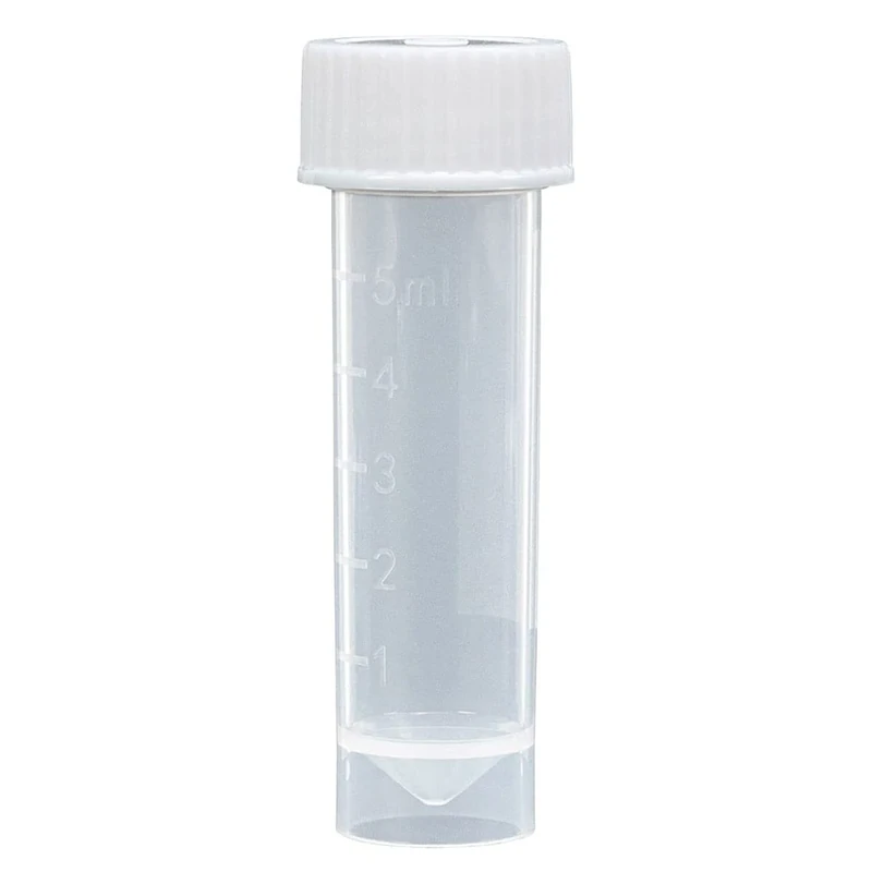 Globe Scientific 5mL Transport Tube with Screw Cap, 6101S, Sterile, Polypropylene, Conical Bottom, Molded Graduations, Self Standing with Separate White Polyethylene Screw Cap, 25/Bag, 500/Case