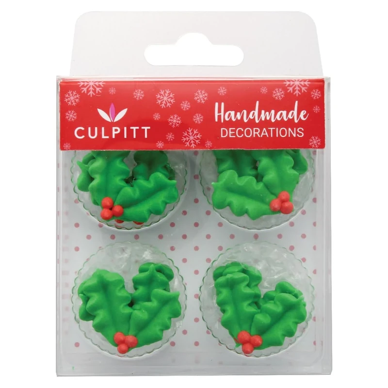 Culpitt Holly & Berry Sugar Pipings, Edible Royal Icing Decorations, Festive Christmas Cake and Cupcake Toppers - Pack of 12