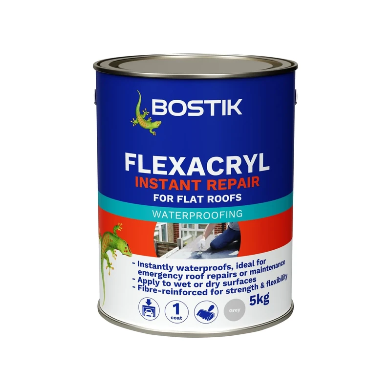 Bostik Flexacryl Instant Repair Waterproof Compound for Flat Roofs, Colour: Grey, 5kg