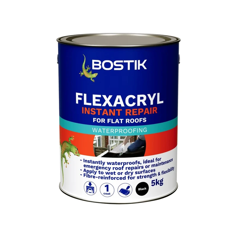 Bostik Flexacryl Instant Repair Waterproof Compound for Flat Roofs, Colour: Black, 5kg