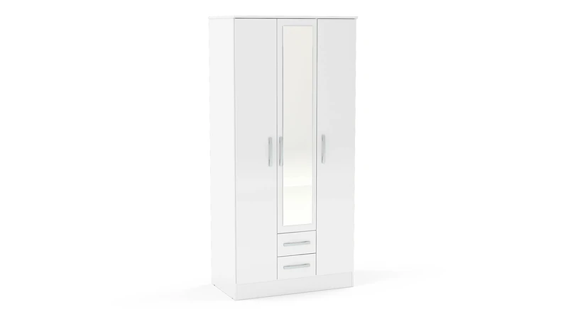 Birlea Lynx 3-Door 2-Drawer Wardrobe With Mirror - High-Gloss, White