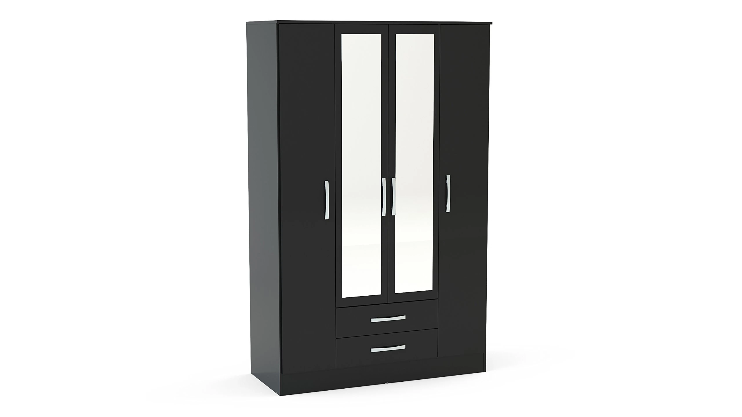 Birlea Lynx 4-Door 2 Drawer Wardrobe with Mirror - High Gloss, Black