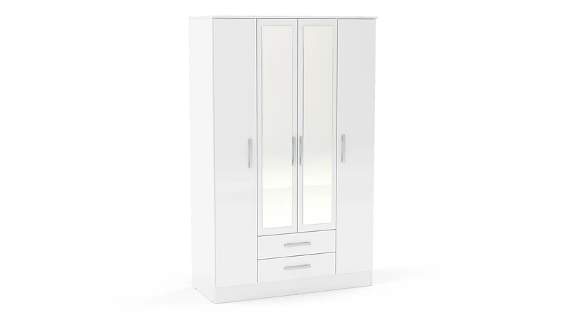 Birlea Lynx 4-Door 2 Drawer Wardrobe with Mirror - High Gloss, White