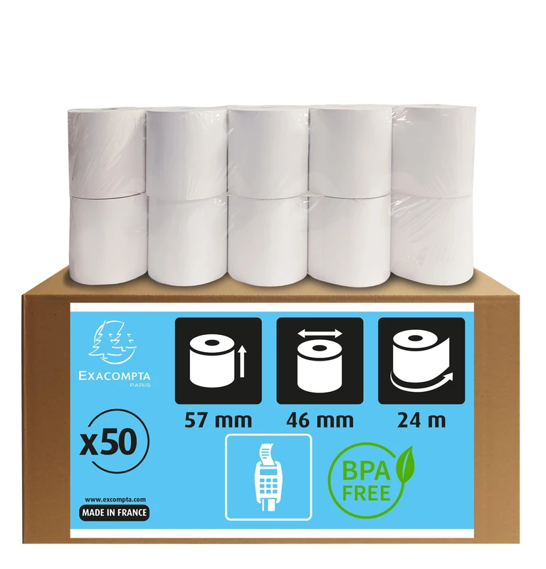 Exacompta - Ref. 40905E - Box of 50 Reels for bank card tickets 57x46 mm - 1 thermal ply 55g/m2 BPA-free