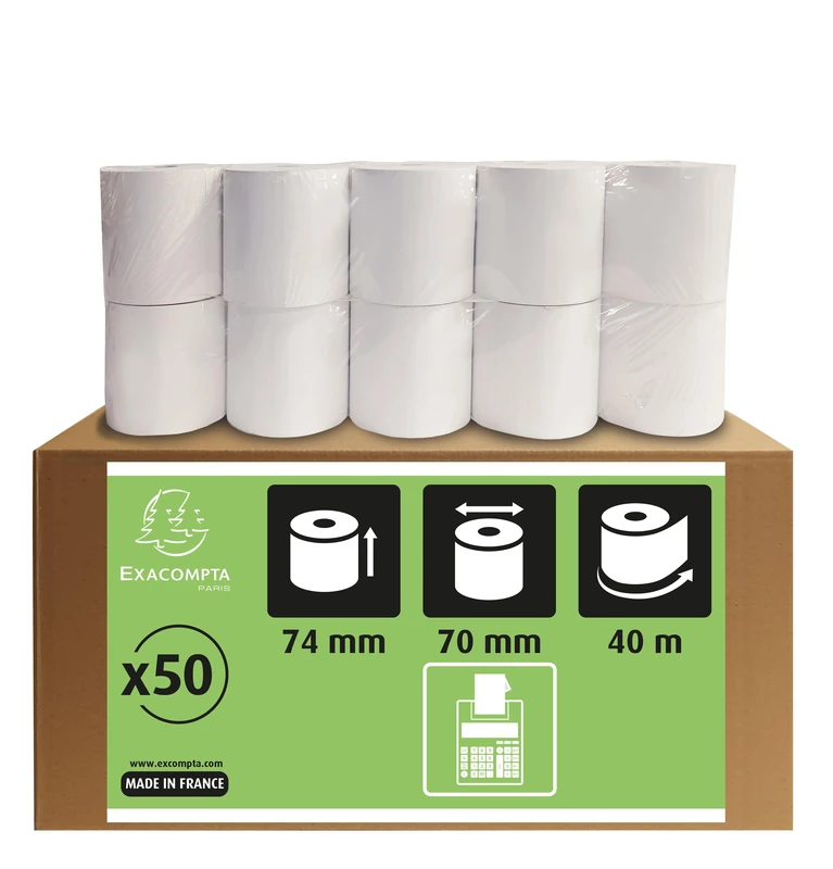 Exacompta - Ref. 40655E - Box of 50 rolls for calculating machine 74x70 mm - 1 extra-white offset ply 60g/m2. - Yardage (+ or - 2m): 40 m