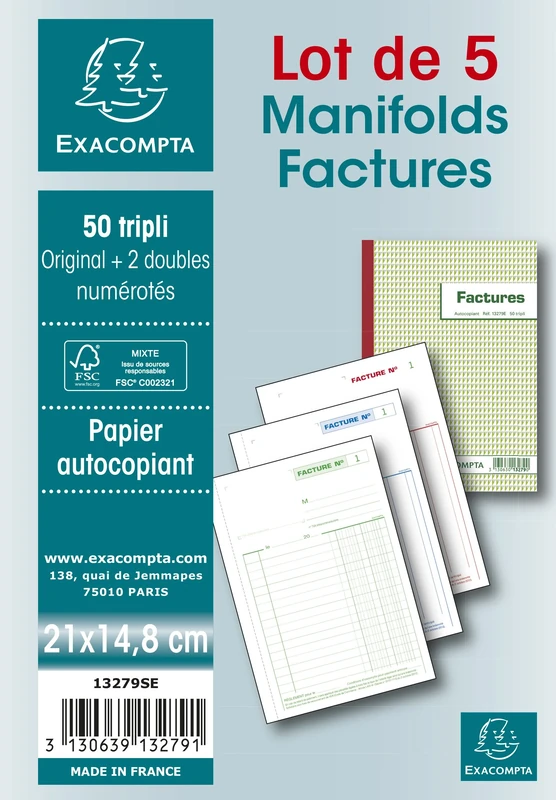 Exacompta - Ref 13279SE - Manifolds Invoices (50 Sheets) - A5 (210 x 148mm) in Size, Carbonless Duplicate Sheets, Tamper-Proof Numbering Micro-Perforated, Reinforced Back - Pack of 5