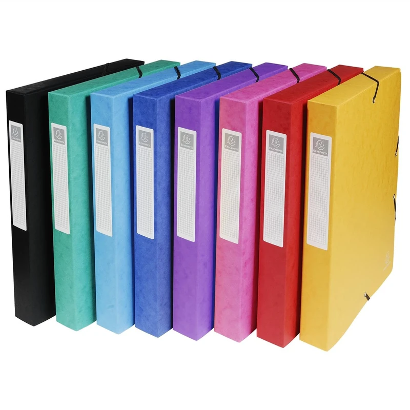 Exacompta - Ref 50400E - Elasticated Filing Boxes - 240 x 320mm in Size, Suitable for A4 Documents, 40mm Spine with Label - Assorted Colours (Pack of 8)