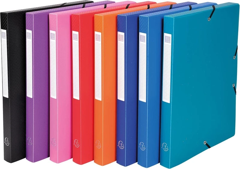 Exacompta - Ref 5960E - PP Opaque Elasticated Filing Box - 240 x 320mm in Size, Suitable for A4 Documents, 25mm Spine, 0.7mm Polypropylene - Assorted Colours (Pack of 8)