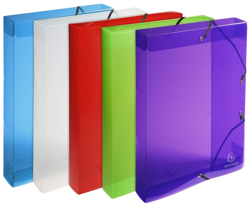 Exacompta - Ref 59610E - Crystal PP Elasticated Filing Box - 250 x 330mm in Size, Suitable for A4 Documents, 40mm Spine, 0.7mm Polypropylene - Assorted Colours (Pack of 8)