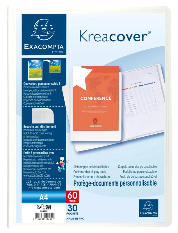 Exacompta KreaCover Chromaline 58309E Plastic Display Folders DIN A4 with 30 Transparent Pockets, 60 Views, Pocket on The Front Cover for DIY Document Wallet, Assorted Colours, Pack of 12