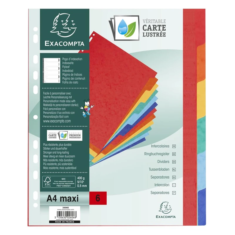 Exacompta 25 dividers glossy card rigid 6 blank tabs A4 Maxi