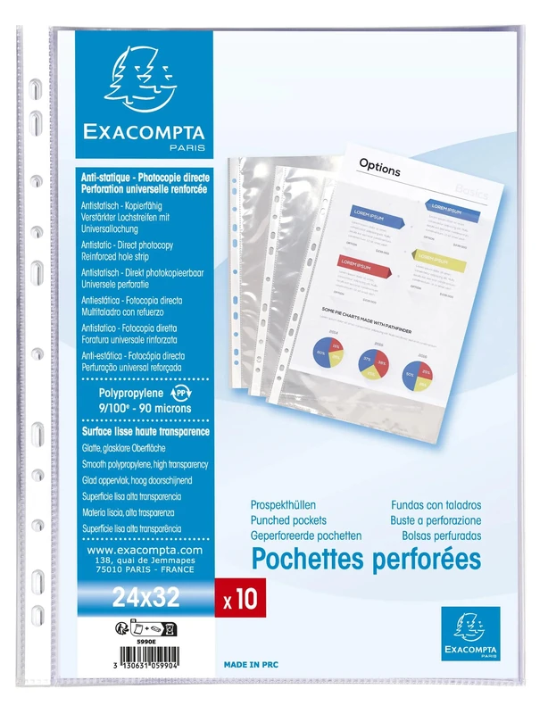 Sachet de 10 pochettes perforees polypropylene lisse haute qualite 9x100e - 24x32cm vertical