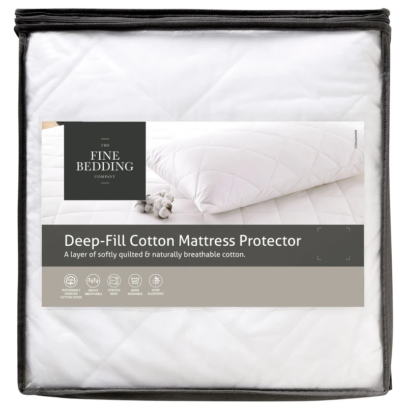 The Fine Bedding Company - Deep Fitted Mattress Cotton Protector - Quilted Mattress Protector Double Bed - Deep Pocket - Hypoallergenic Double Mattress Protector - Not Waterproof (Single)