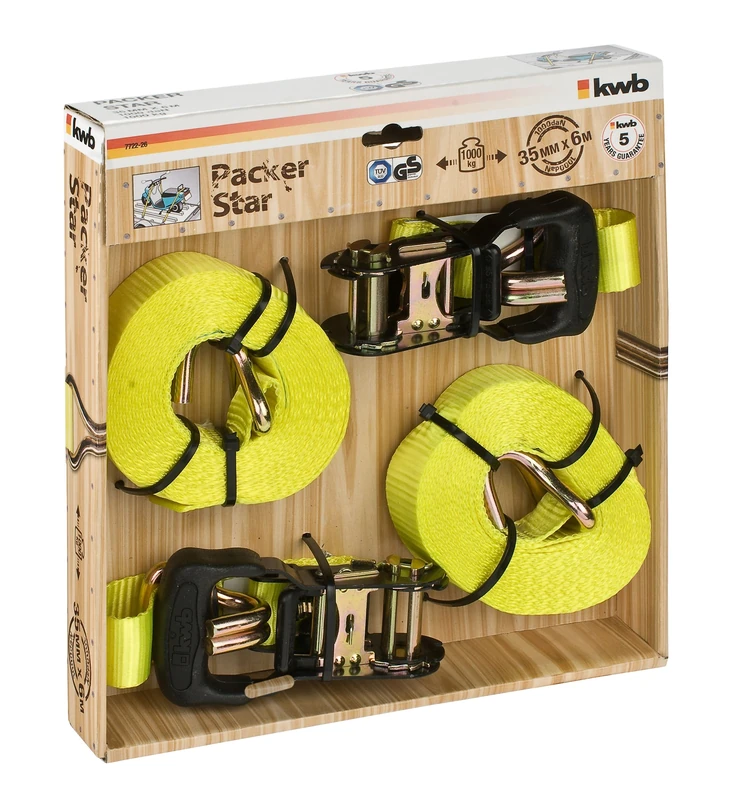 kwb 2X Lashing Straps 6 M X 35 Mm, Made Of Hard-Wearing Polyester Strap, With Comfort Release and Test Plate, Plastic Coated Tension Ratchet, With 2 Hooks, Tüv / Gs Tested