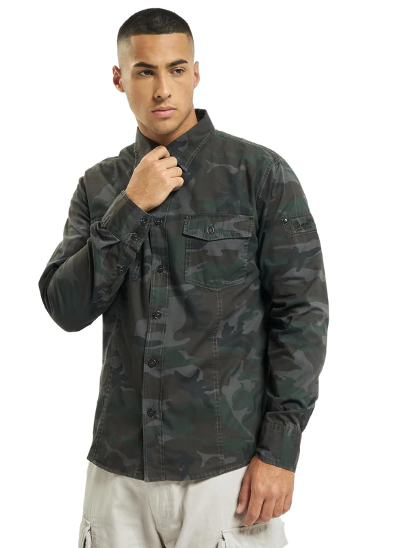Brandit Slim Fit Shirt Long Sleeve, color: woodland, size: L