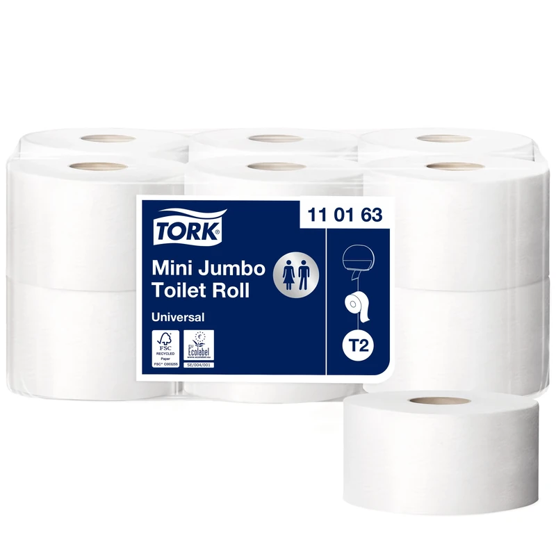 Tork 110163 Mini Jumbo toilet paper roll Advanced / Long lasting 1-ply rolls compatible with Tork T2 Mini Jumbo toilet system / 1 x 12 rolls (12 x 1714 sheets)