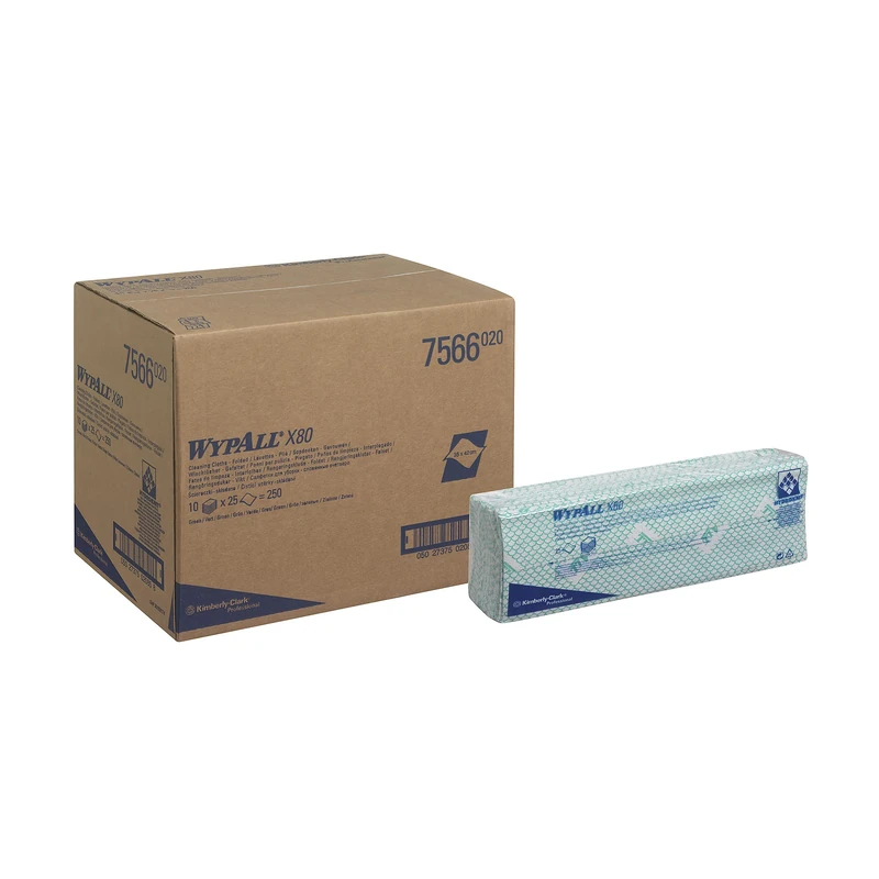 WypAll X80 Colour Coded Cleaning Cloths 7566 - Green Wiping Cloths - 10 Packs x 25 Heavy Duty Cleaning Wipes (250 total)