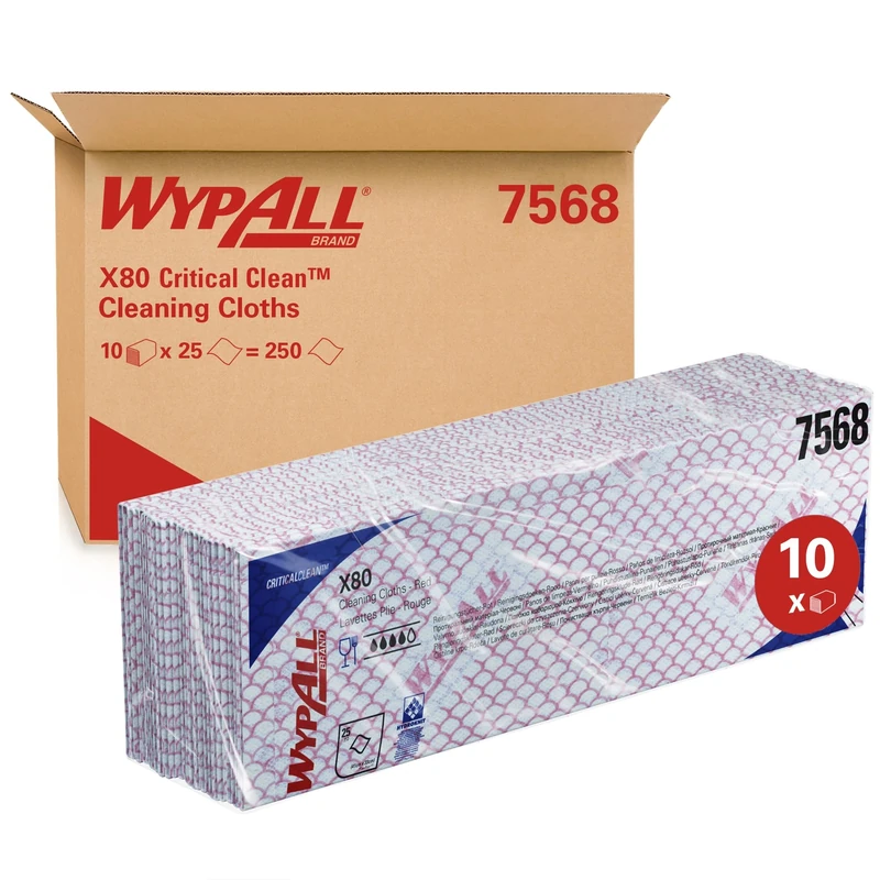 WypAll X80 Critical Clean Colour Coded Cleaning Cloths 7568 - Red Wiping Cloths - 10 Packs x 25 Heavy Duty Cleaning Wipes (250 total)