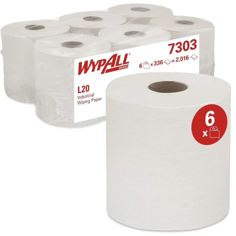 WypAll Industrial Wiping Paper L20 7303, 2-Ply, Centrefeed Roll, Airflex Technology, High Absorbency for Heavy-Duty Cleaning, White, 6 Rolls x 380 Sheets (2,280 Total)