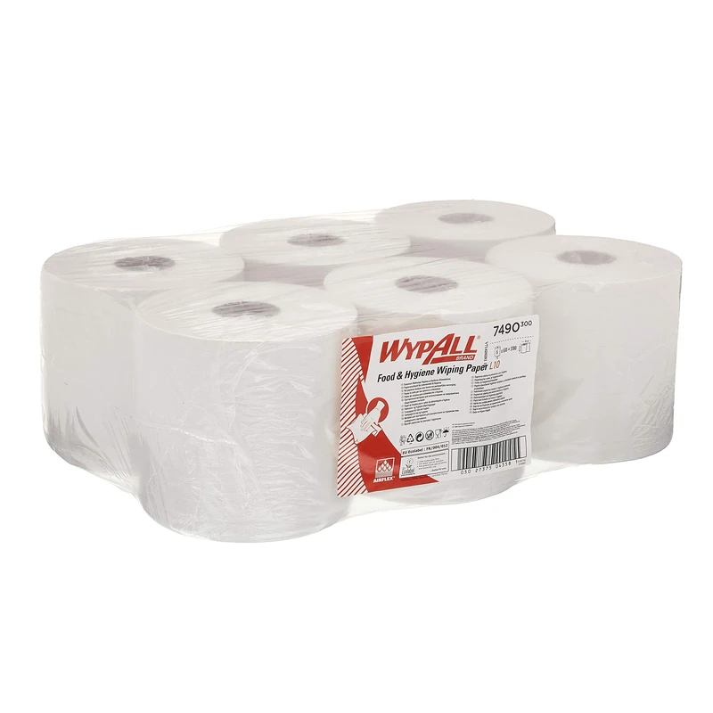 WypAll L10 Food & Hygiene Wiping Paper 7490 - Centrefeed Roll for Roll Control and ReachPlus Dispensers - 6 Wiper Rolls x 630 White Paper Wipers (3,780 Total)