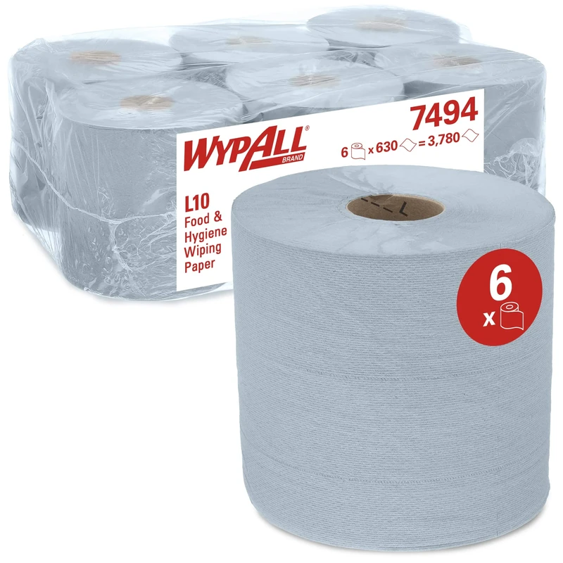 WypAll L10 Food & Hygiene Wiping Paper 7494 - Centrefeed Roll for Roll Control and ReachPlus Dispensers - 6 Blue Rolls x 630 Paper Wipers (3,780 Total)