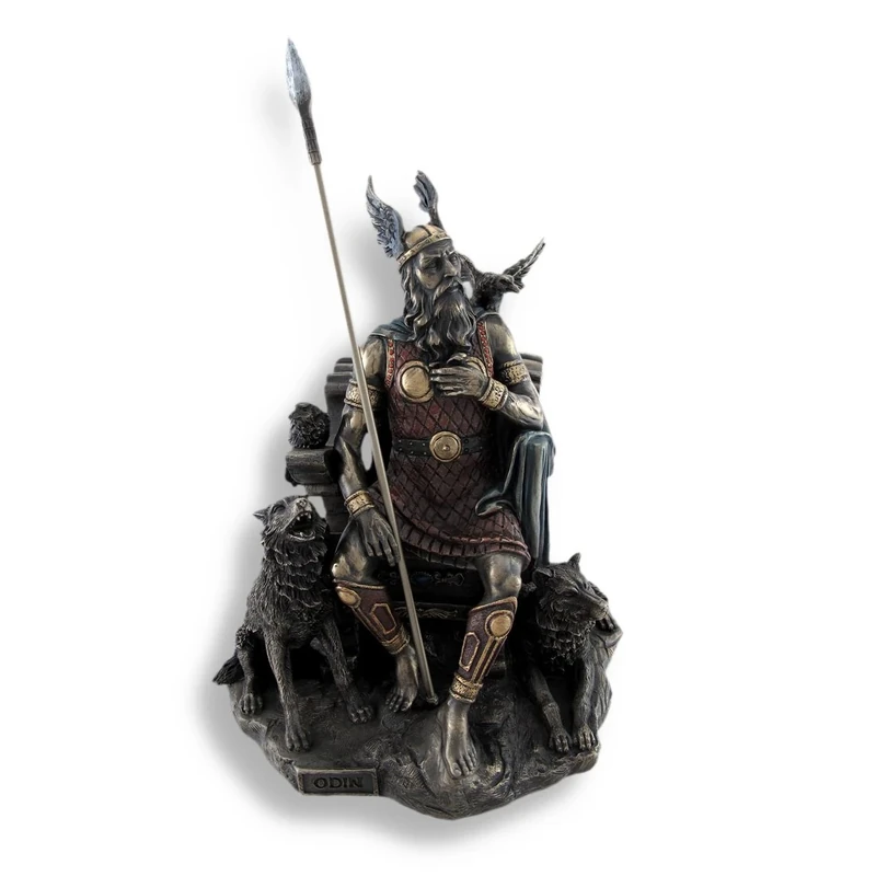 Things2Die4 Bronzed Norse God Odin on Throne with Ravens and Wolves Statue