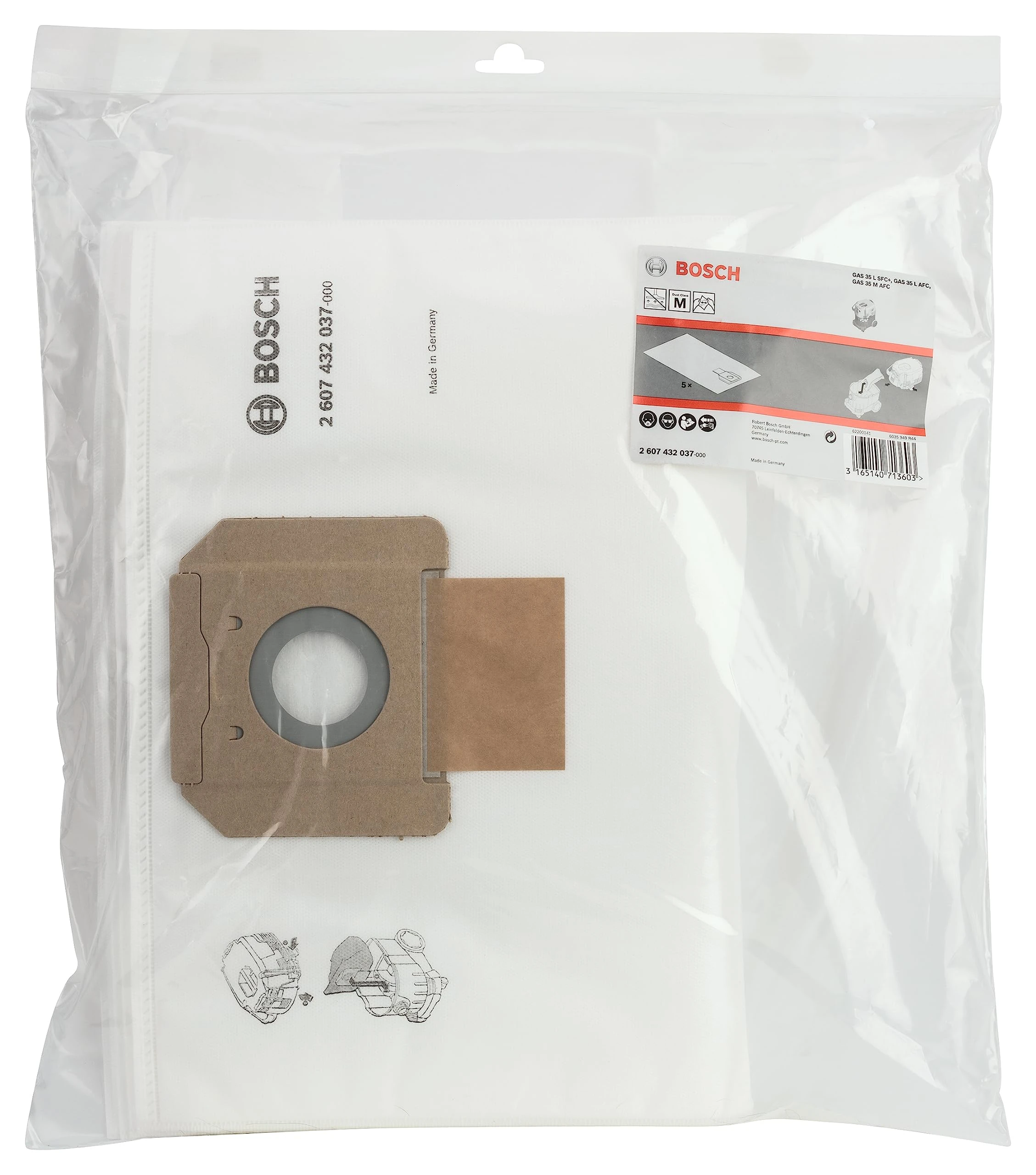 Bosch 5x Fleece Filter Bag (replacement bag for GAS 35 L AFC/ L SFC+/M AFC Professional, for Dry Vacuuming, Accessories for Dust Extractors)
