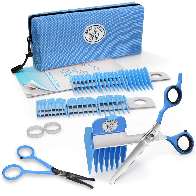 SCAREDY CUT Silent Pet Grooming Kit + Tiny Trim Scissors - A Quiet Alternative to Electric Clippers for Sensitive Pets (Right-Handed Blue)