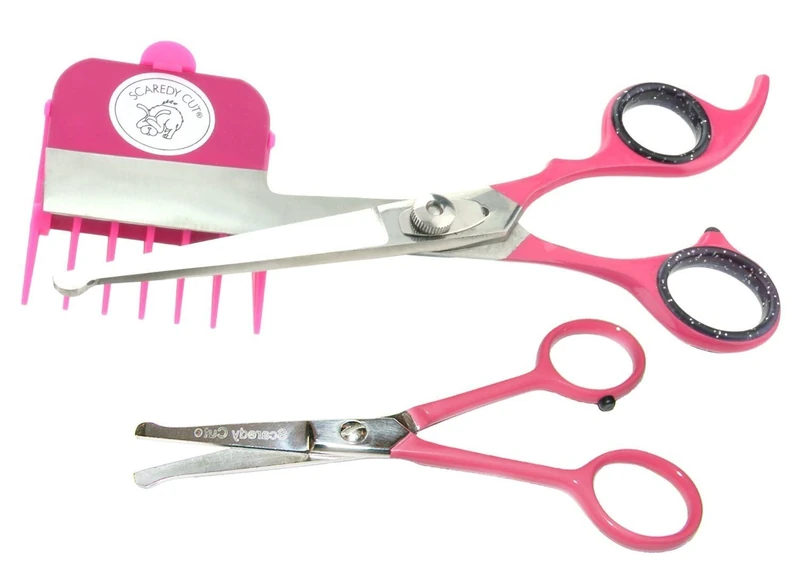 SCAREDY CUT Silent Pet Grooming Kit + Tiny Trim Scissors - A Quiet Alternative to Electric Clippers for Sensitive Pets (Right-Handed Pink)
