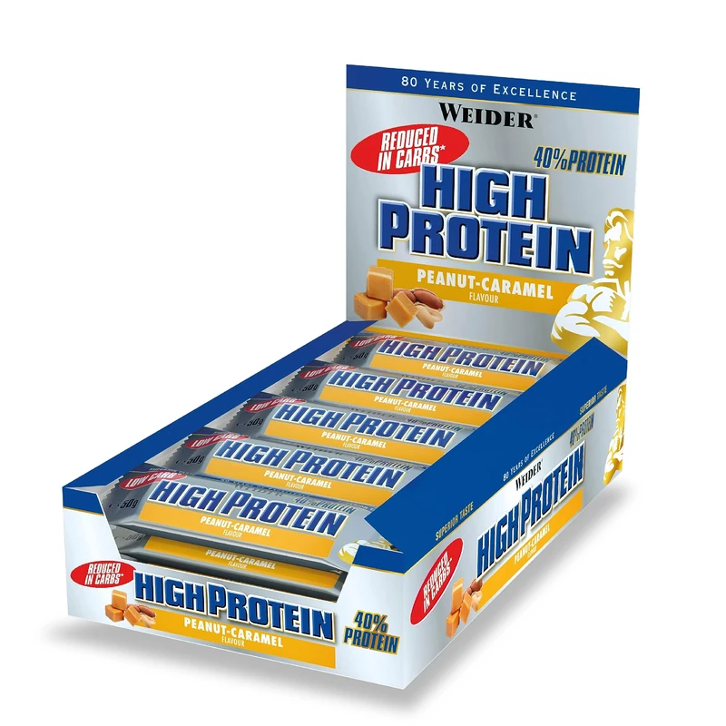 Weider 40% Low Carb High Protein Bar, Peanut Caramel, 20g of Protein, 24 bars