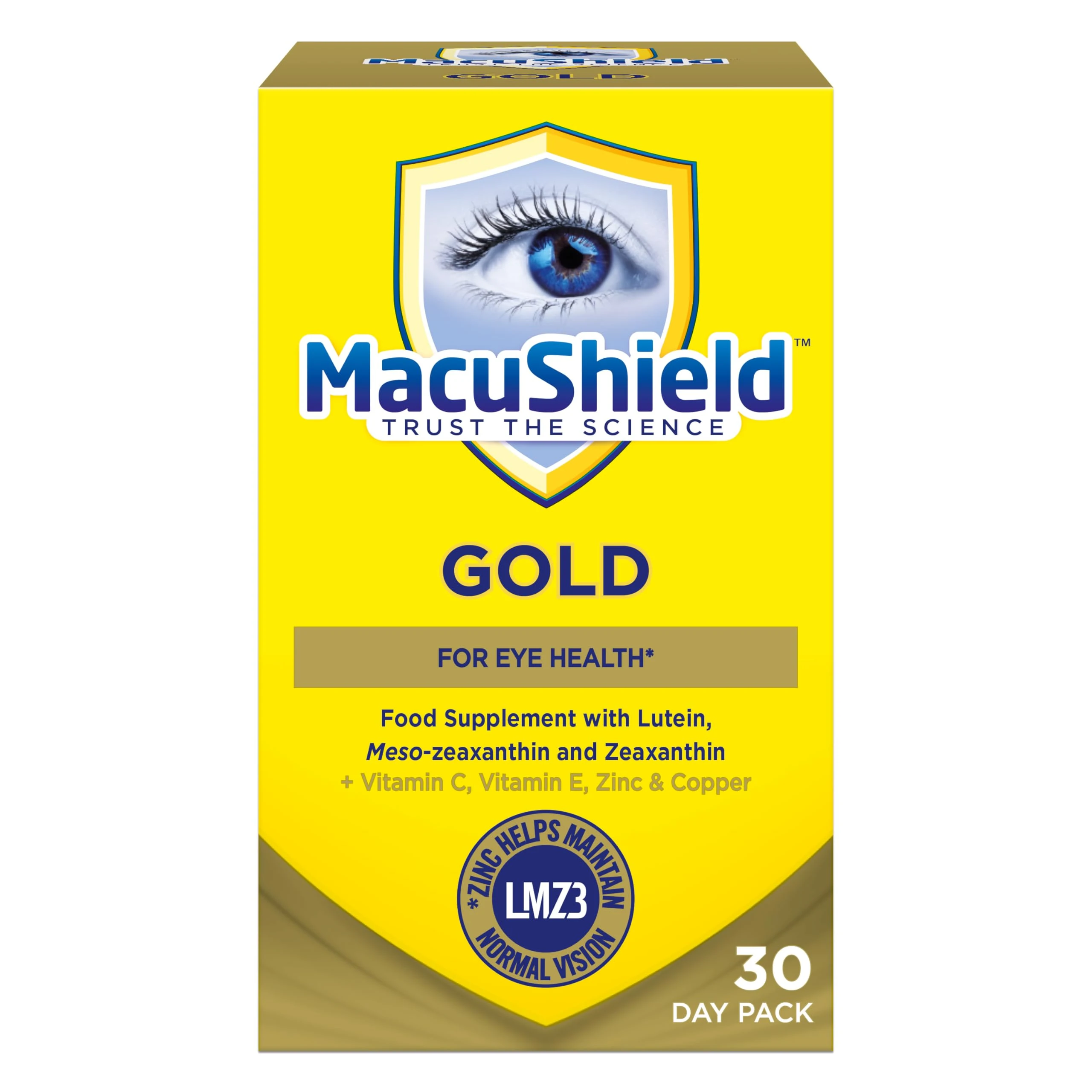 MacuShield Gold – 30 Day Pack, Eye Health Supplement with Lutein, Zeaxanthin and Meso-zeaxanthin, as Well as Zinc which Helps Support Normal Vision