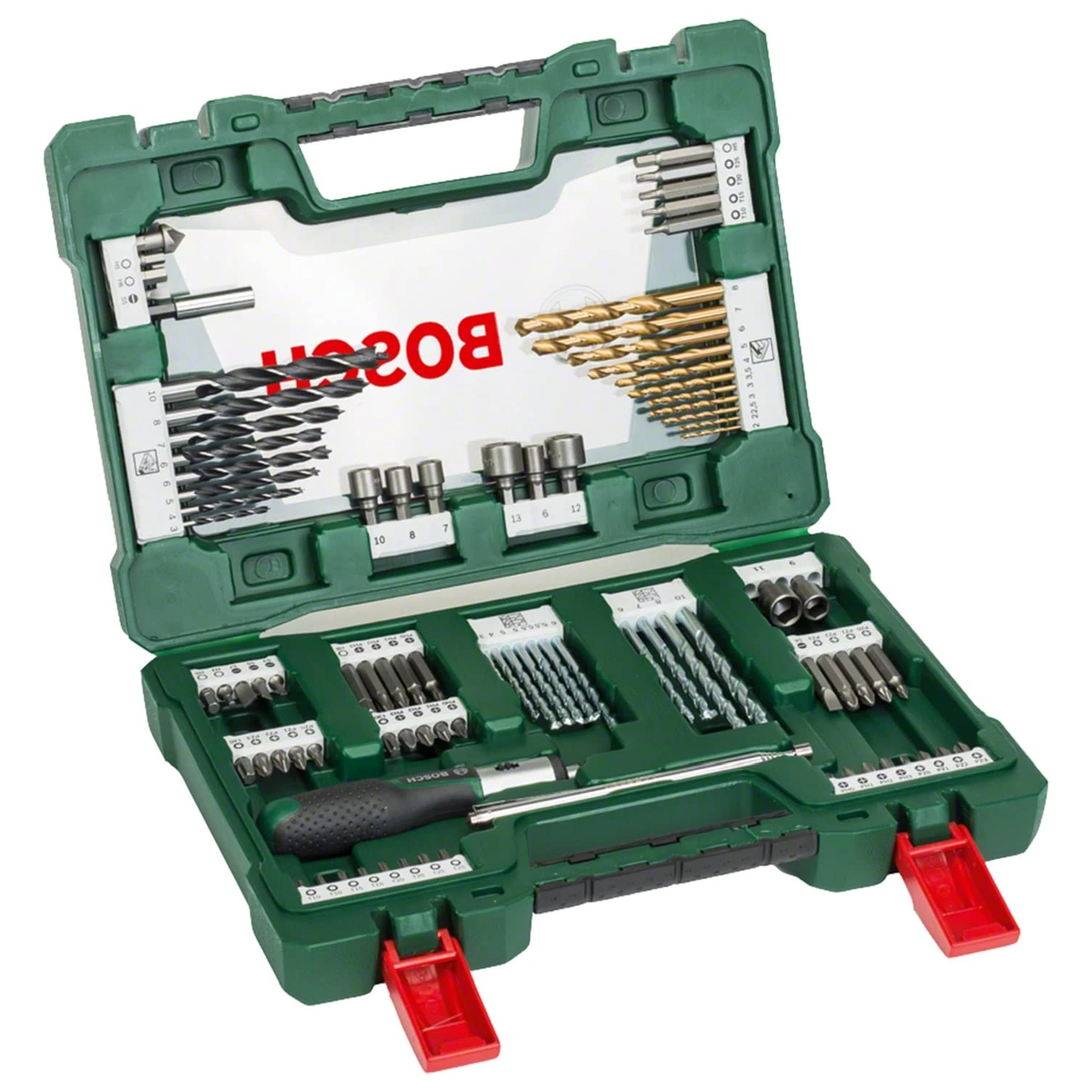 Bosch 2607017195 91-Piece Titanium Drill and Screwdriver Bit Set, V-Line (for Wood, Masonry and Metal, Including Ratchet Screwdriver and Magnetic Rod, Accessories for Drills and Screwdrivers), Green