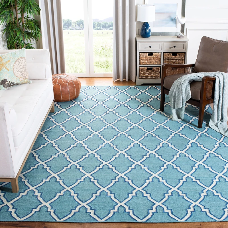 Safavieh Contemporary Indoor Flatweave Rectangle Area Rug, Dhurrie Collection, DHU564, in Light Blue / Ivory, 91 X 152 cm for Living Room, Bedroom or Any Indoor Space