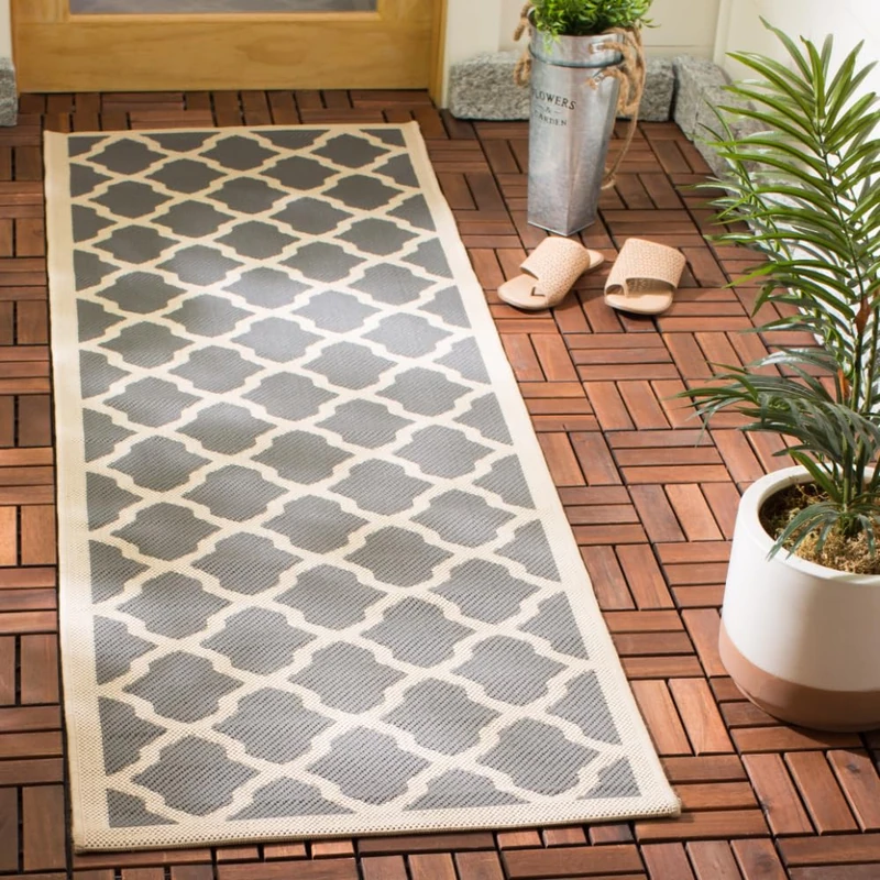 Safavieh Trellis Indoor/Outdoor Woven Runner Area Rug, Courtyard Collection, CY6903, in Anthracite / Beige, 69 X 244 cm for Garden, Patio or Any Outdoor Space