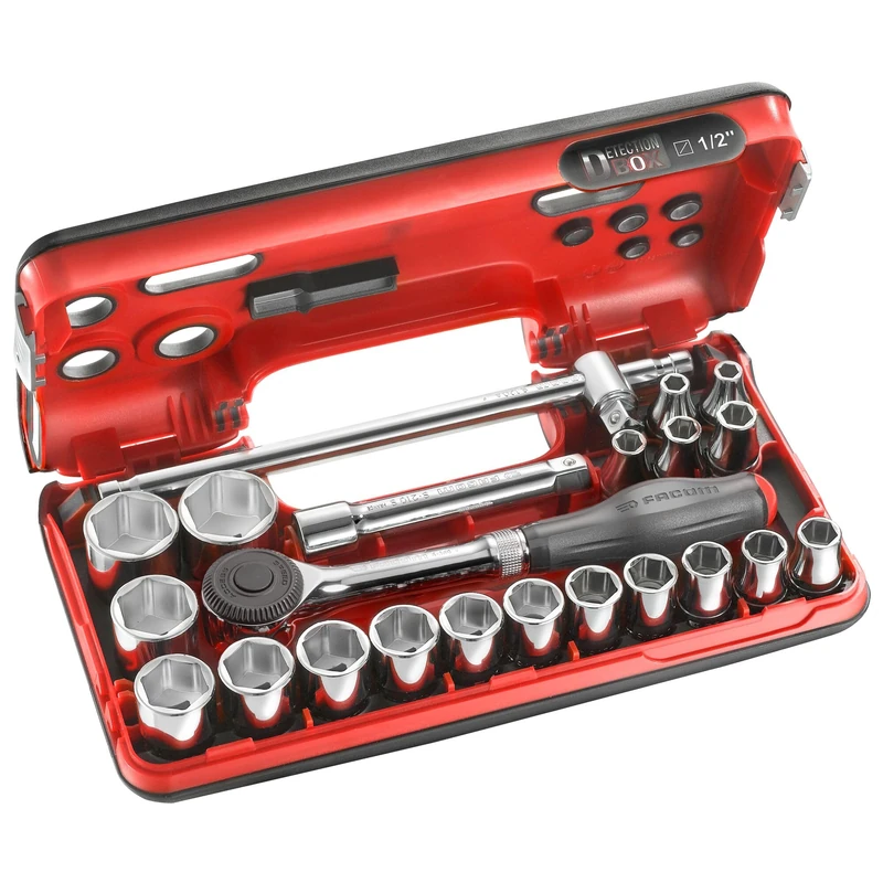 Facom Game Detection Box - High Performance Rotary Handle Ratchet and 1/2 Inch Metric 6-Point Sockets - S.360DBOX4PB - Red/Black
